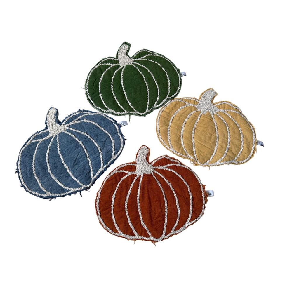 Rachel Zoe Autumn Pumpkin Quilted Placemats Solid  Yellow Blue Rust Green 4‎ Set